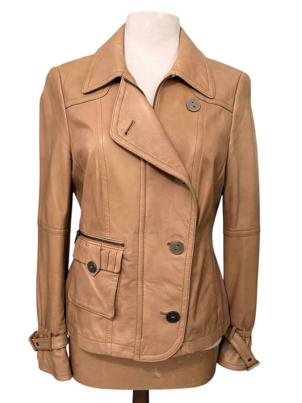 VTG Worth Tan Genuine Leather Jacket Women’s Size 10 Double Breasted Zip Pocket